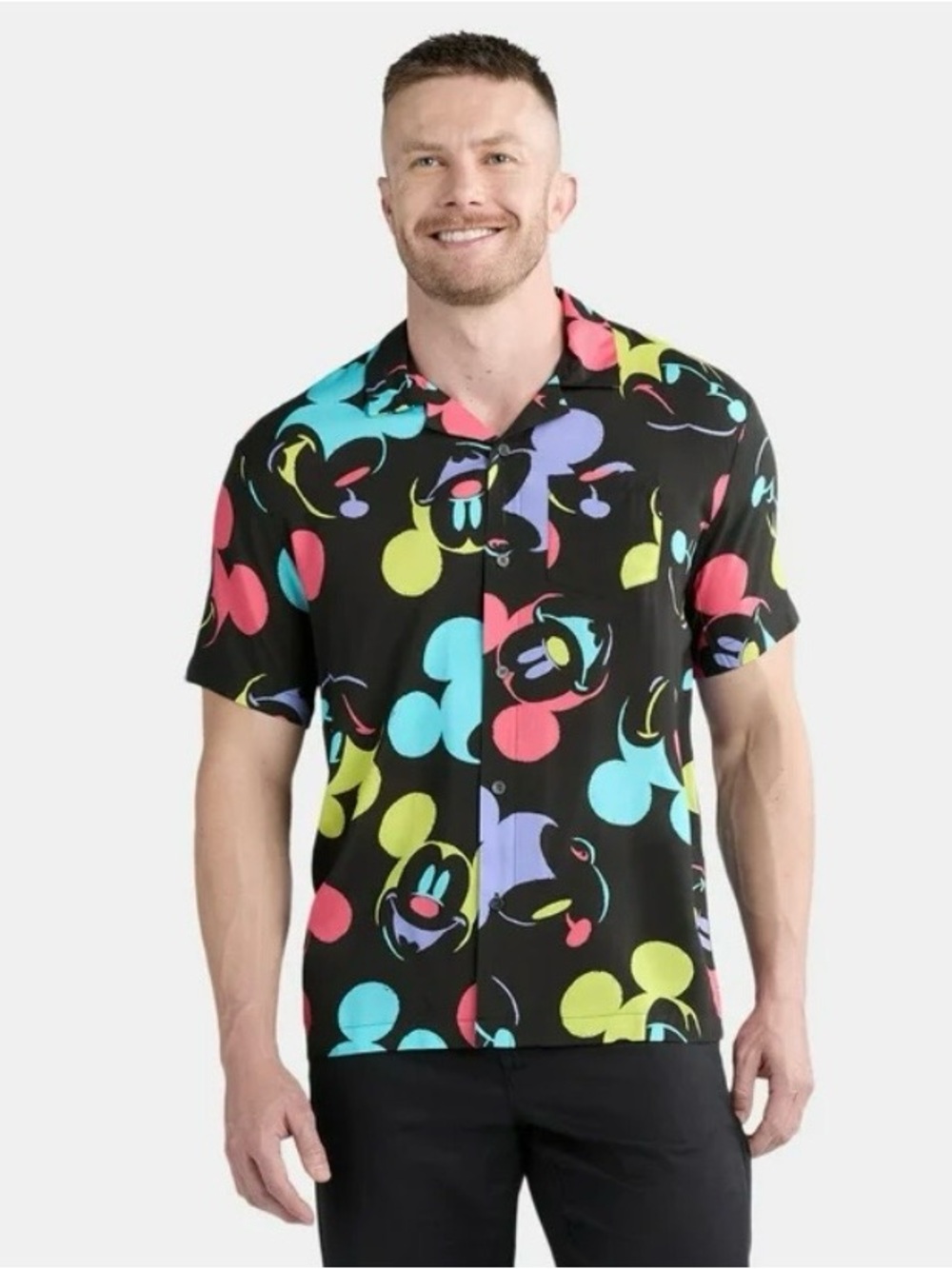 Disney Mickey Mouse All Over Print Button Camp  Shirt - Black 3XL